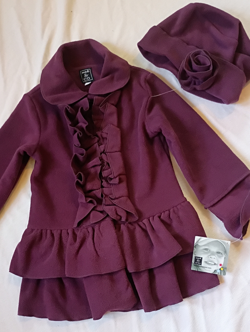 Mac & Co Deep Wine Colored Fleece Button-down Coat And Matching Hat